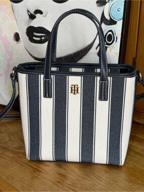 Tommy Hilfiger Navy & White Striped Canvas Tote with Gold Logo